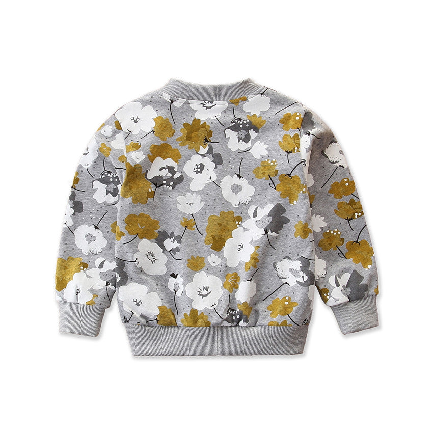 Girls Grey Floral Printed Insulator Cotton Bomber Jacket
