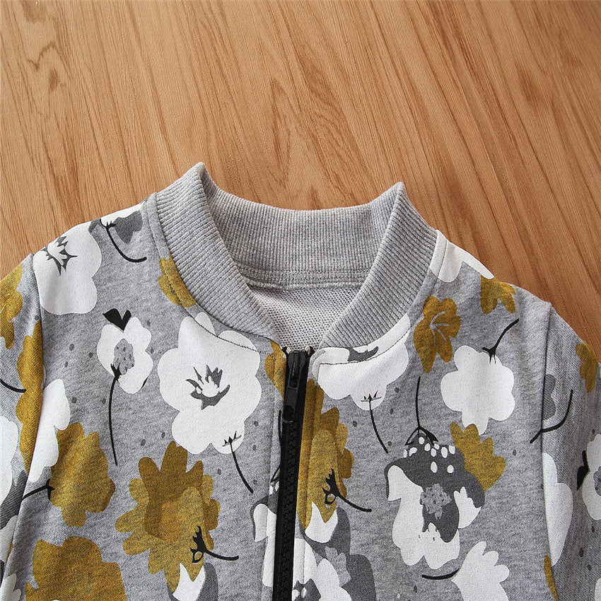 Girls Grey Floral Printed Insulator Cotton Bomber Jacket