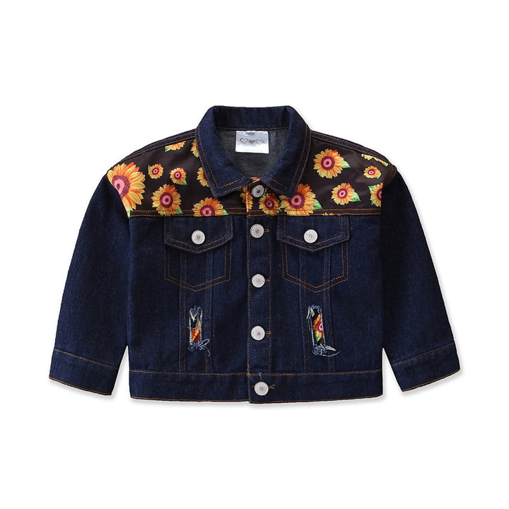 Girls Blue Floral Printed Spread Collar Long Sleeves Cotton Denim Jacket