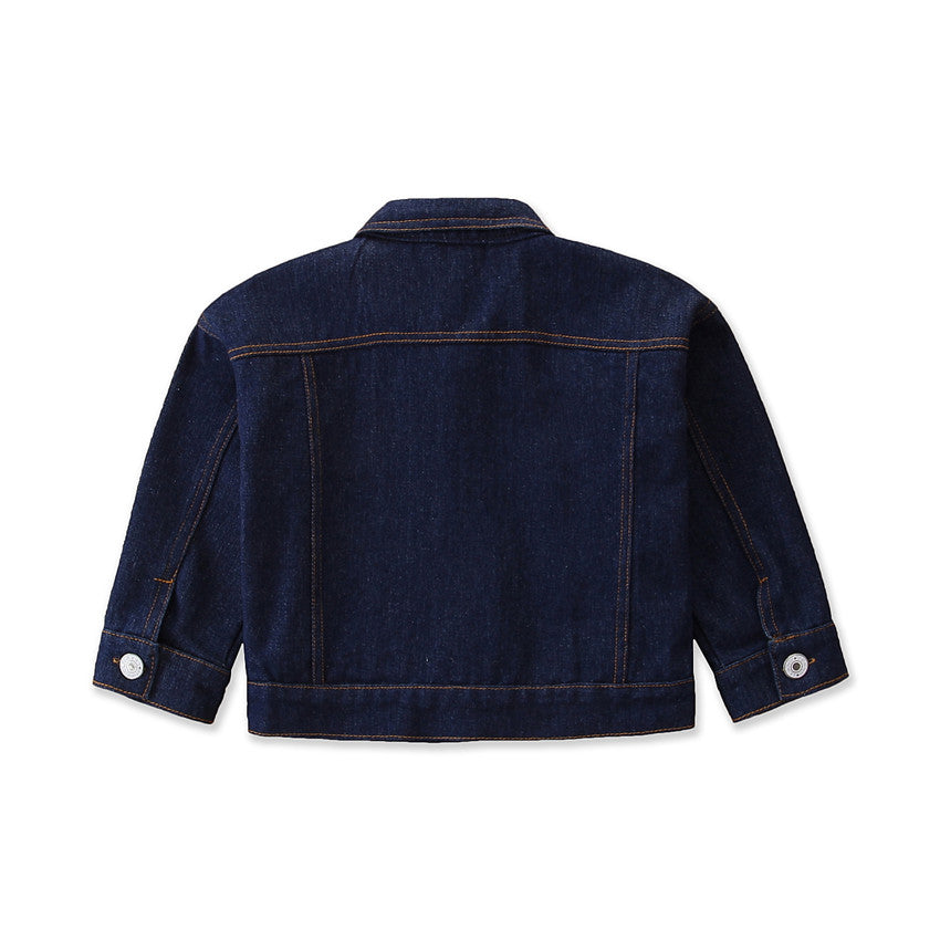 Girls Blue Floral Printed Spread Collar Long Sleeves Cotton Denim Jacket