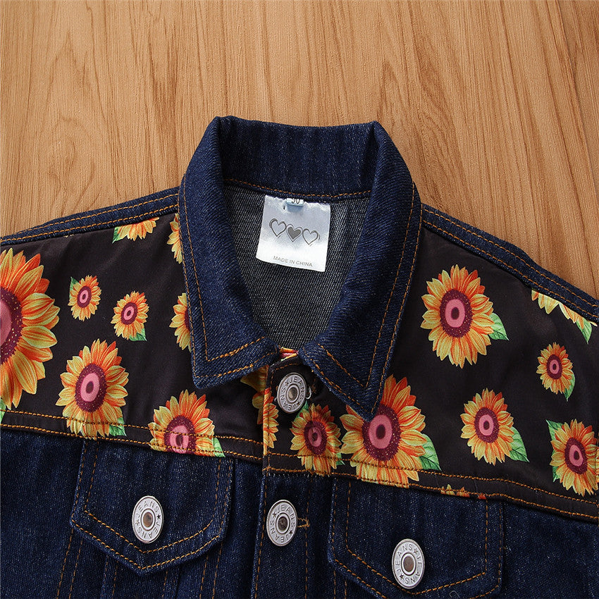 Girls Blue Floral Printed Spread Collar Long Sleeves Cotton Denim Jacket