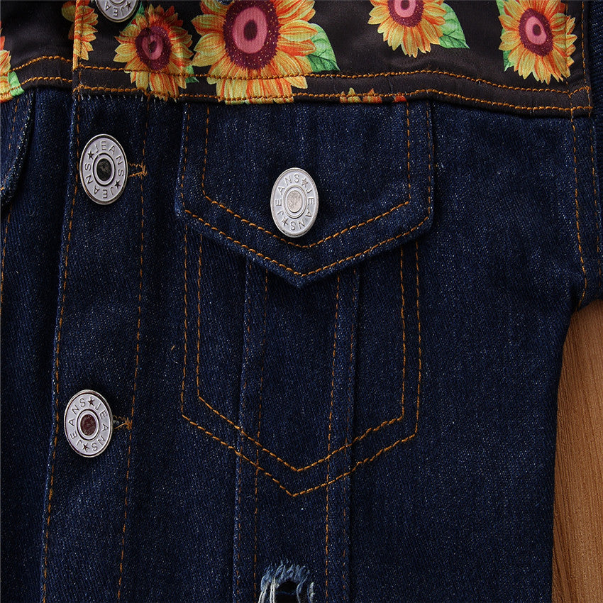 Girls Blue Floral Printed Spread Collar Long Sleeves Cotton Denim Jacket