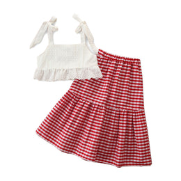 Girls White Shoulder Straps Top With Skirt