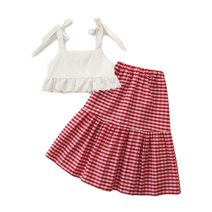 Girls White Shoulder Straps Top With Skirt