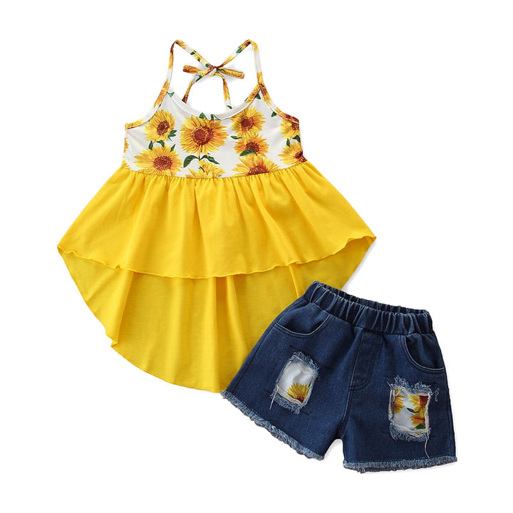 Girls Yellow Floral Printed Top with Shorts