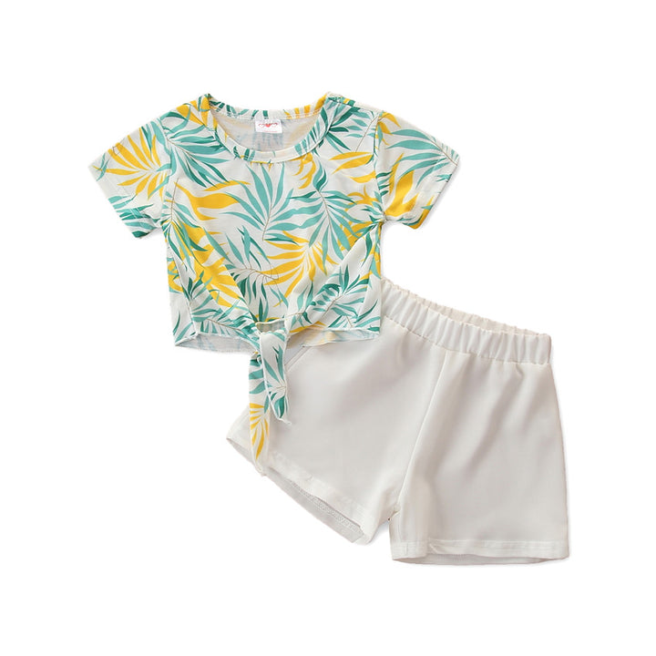 Girls White & Green Tropical Printed Top with Shorts