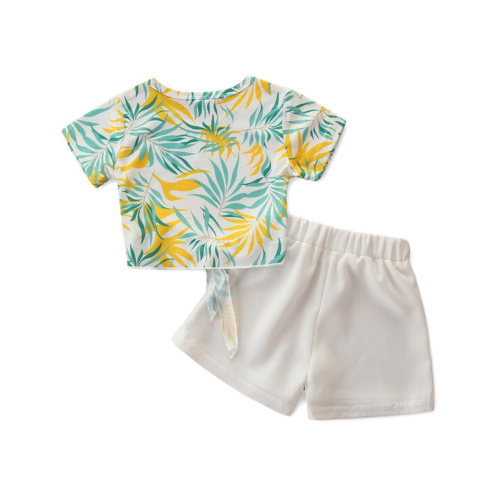 Girls White & Green Tropical Printed Top with Shorts
