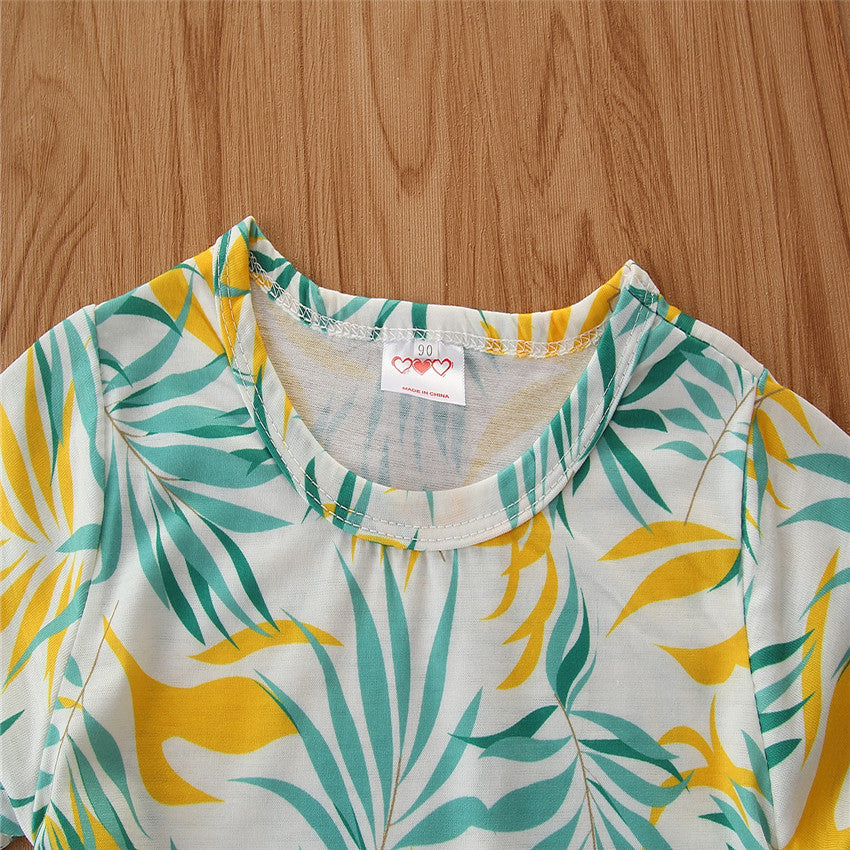 Girls White & Green Tropical Printed Top with Shorts