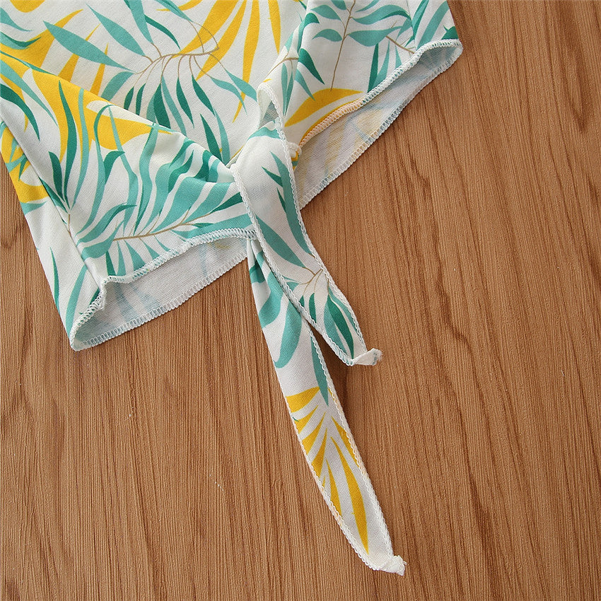 Girls White & Green Tropical Printed Top with Shorts
