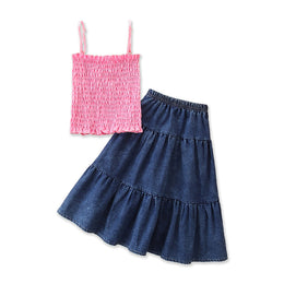 Girls Pink & Navy Blue Shoulder Straps Top With Skirt