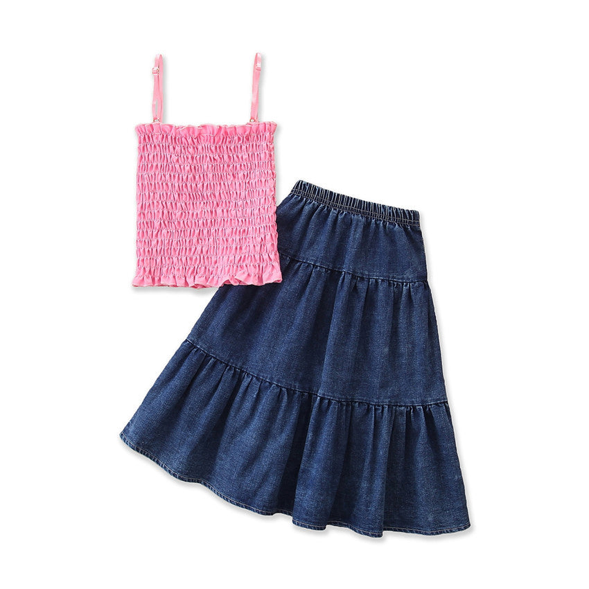 Girls Pink & Navy Blue Shoulder Straps Top With Skirt