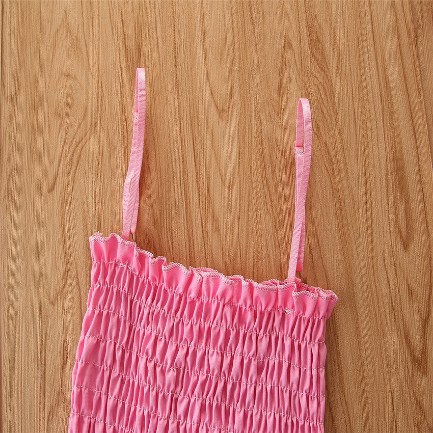 Girls Pink & Navy Blue Shoulder Straps Top With Skirt