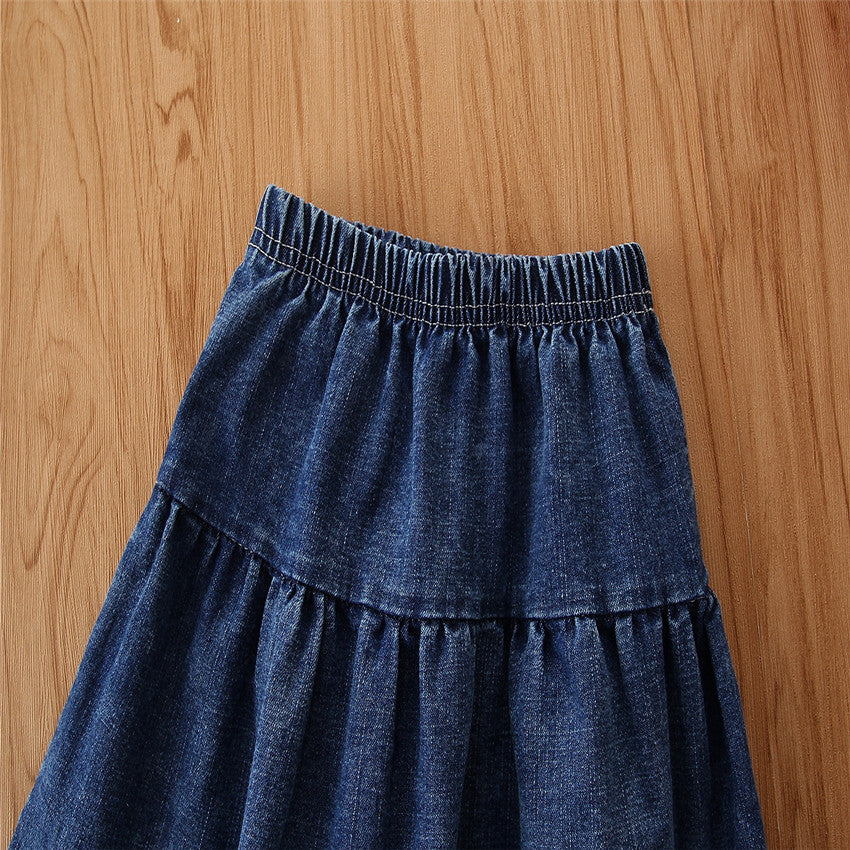 Girls Pink & Navy Blue Shoulder Straps Top With Skirt