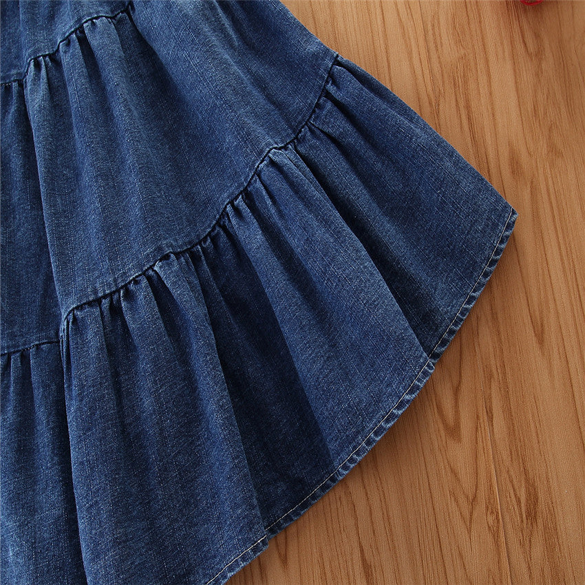 Girls Pink & Navy Blue Shoulder Straps Top With Skirt