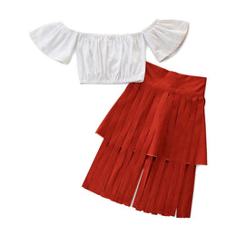 Girls White & Red Off-Shoulder Top with Pyjamas