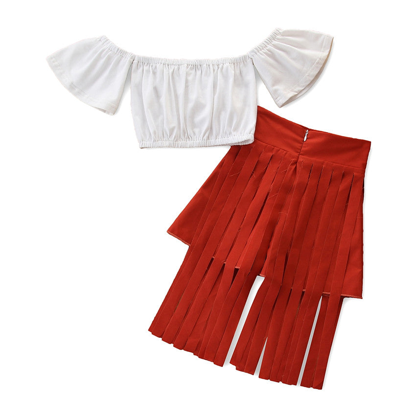 Girls White & Red Off-Shoulder Top with Pyjamas