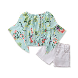 Girls Green Printed Top With Shorts