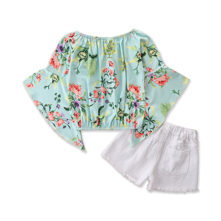 Girls Green Printed Top With Shorts