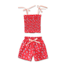 Girls Red Floral Printed Smocked Shoulder Strapped Top with Shorts
