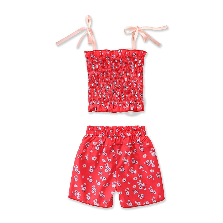 Girls Red Floral Printed Smocked Shoulder Strapped Top with Shorts