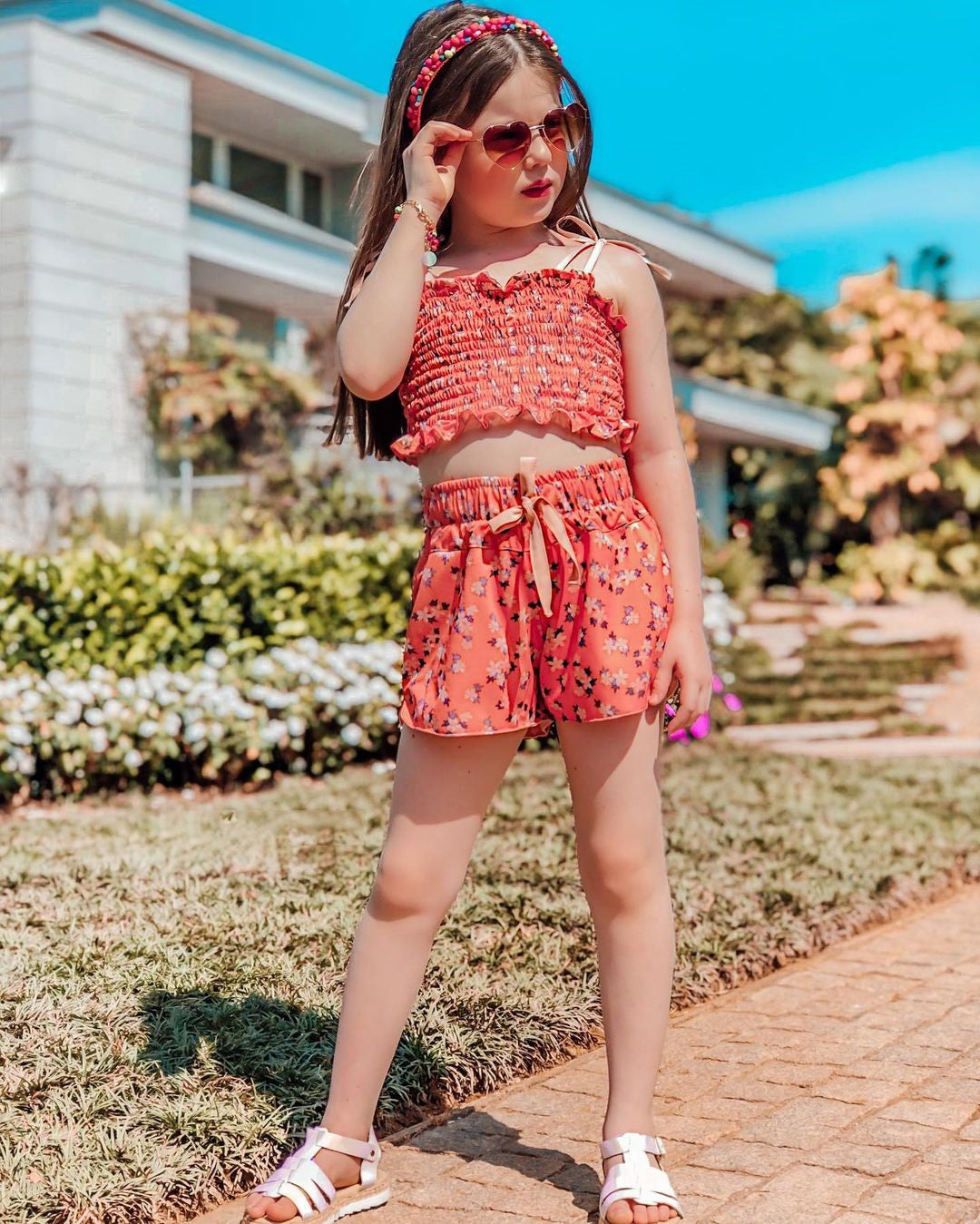 Girls Red Floral Printed Smocked Shoulder Strapped Top with Shorts