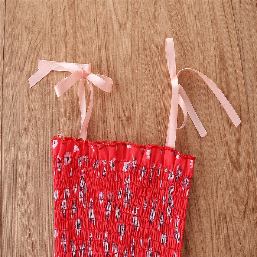 Girls Red Floral Printed Smocked Shoulder Strapped Top with Shorts