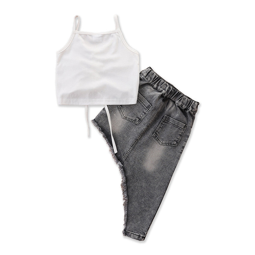 Girls White & Grey Sleeveless Top With Skirt