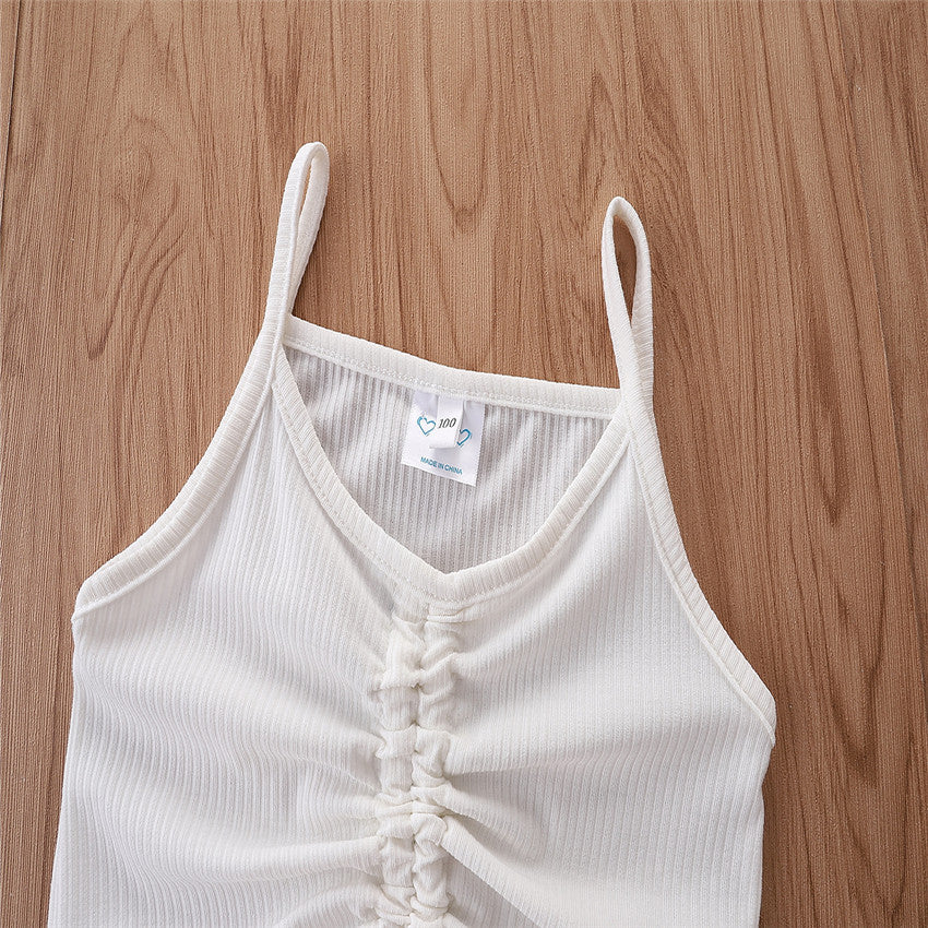 Girls White & Grey Sleeveless Top With Skirt