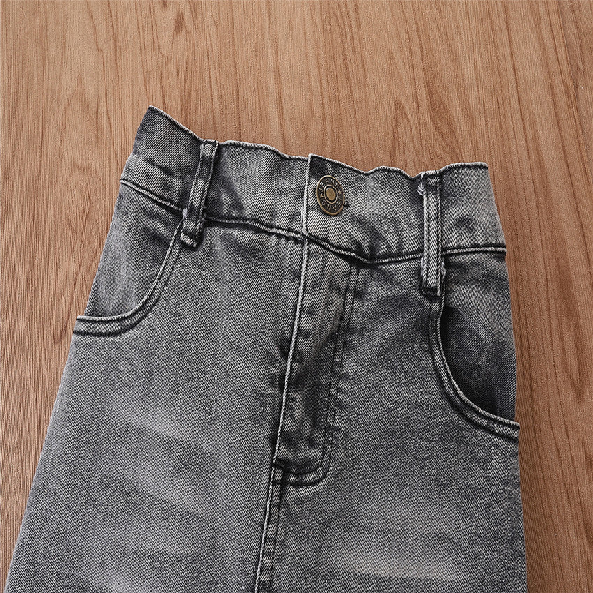 Girls White & Grey Sleeveless Top With Skirt