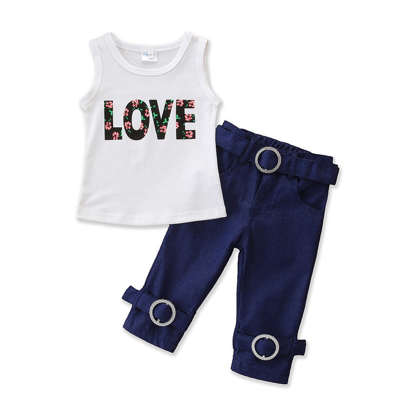 Girls White & Blue Printed Top with Trousers
