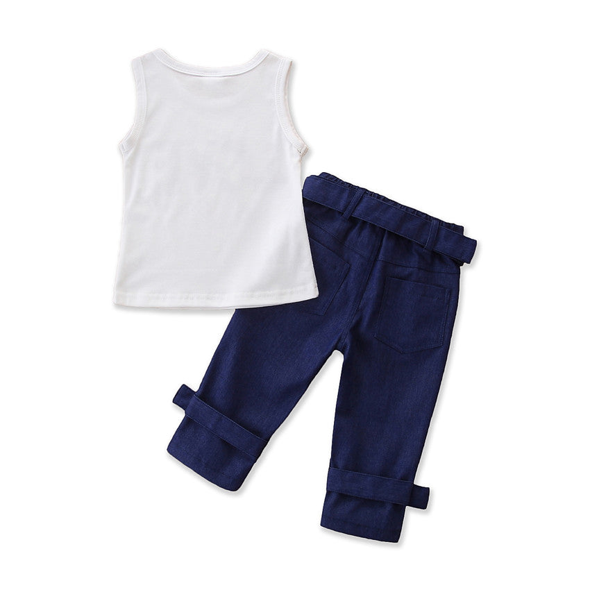 Girls White & Blue Printed Top with Trousers