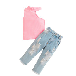 Girls Pink Ribbed Top With Trousers