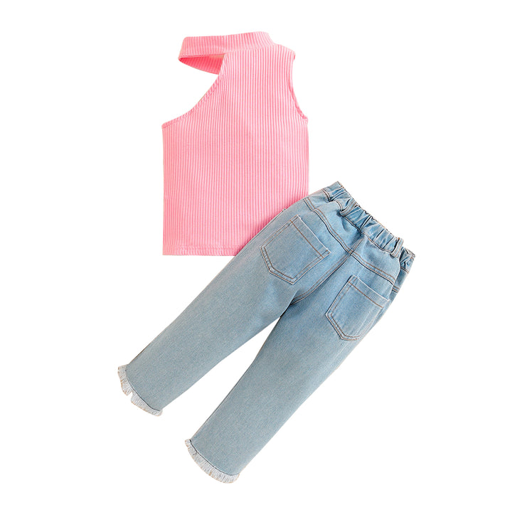 Girls Pink Ribbed Top With Trousers