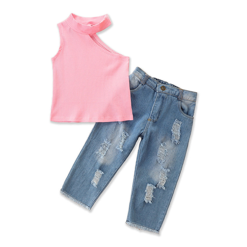 Girls Pink & Blue One Shoulder Top with Trousers