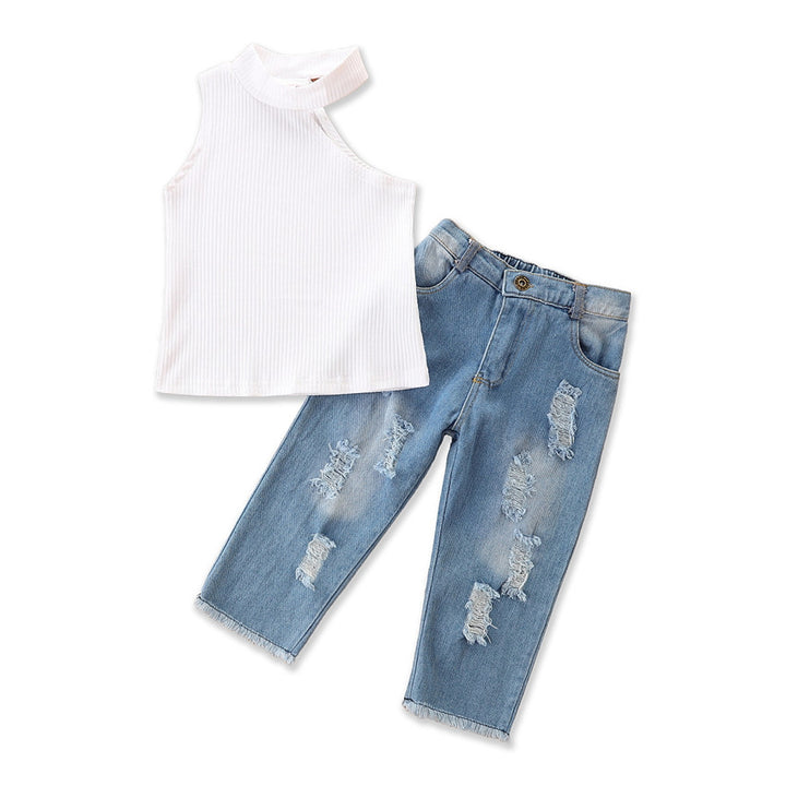 Girls White One Shoulder Top with Jeans