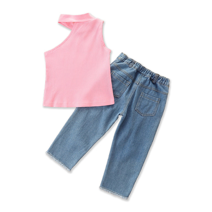 Girls Pink & Blue One Shoulder Top with Trousers