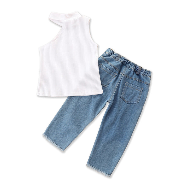 Girls White One Shoulder Top with Jeans