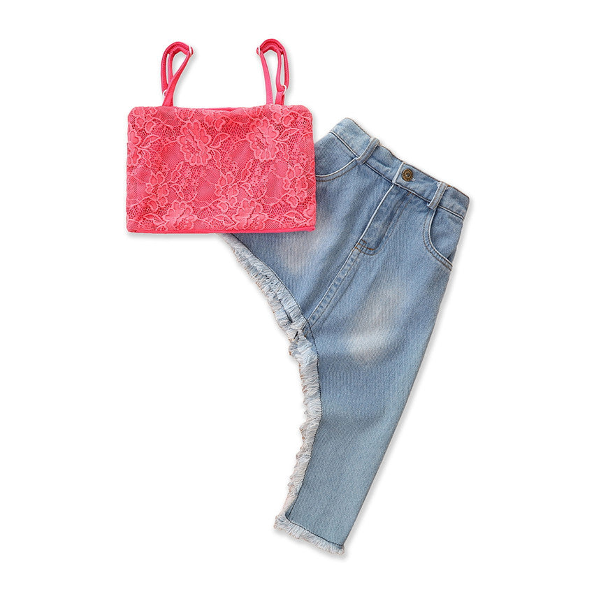 Girls Pink & Blue Shoulder Straps Top with Skirts