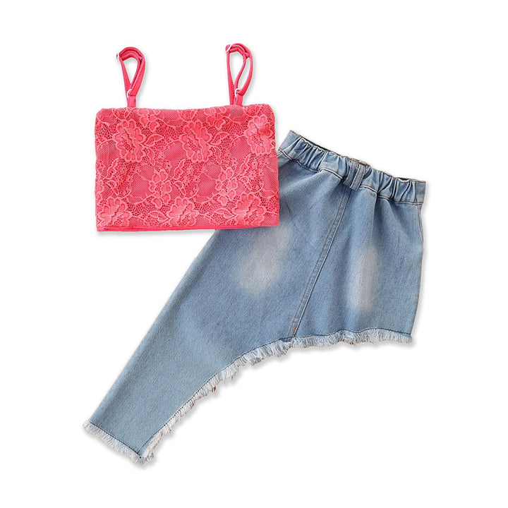 Girls Pink & Blue Shoulder Straps Top with Skirts