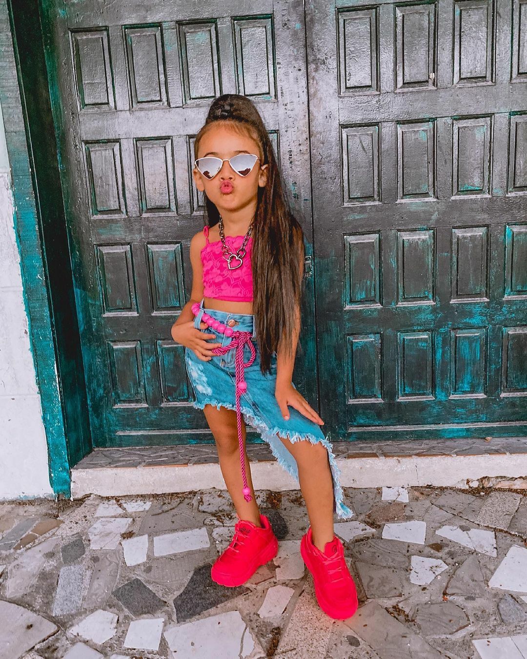 Girls Pink & Blue Shoulder Straps Top with Skirts
