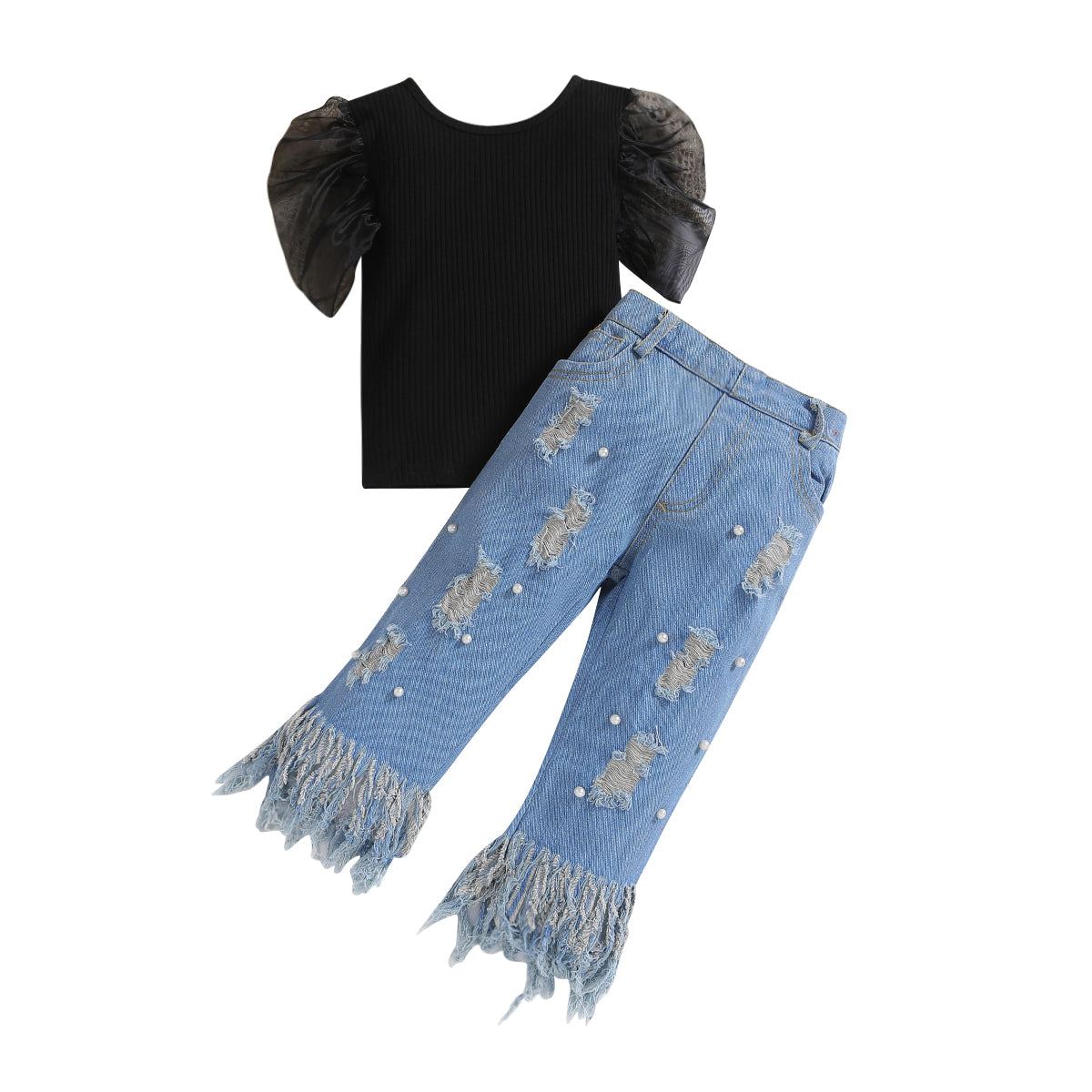 Girls Black Ribbed Puff Sleeve Top with Distressed Trousers