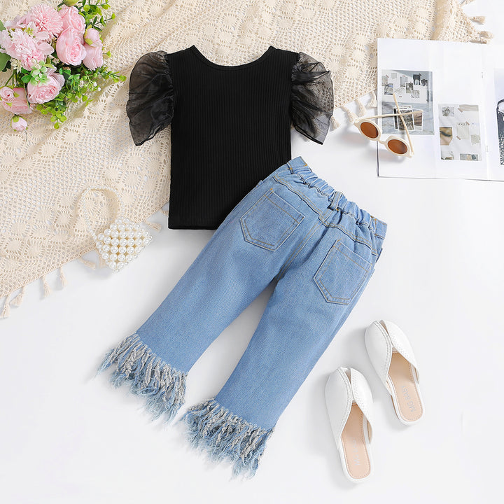 Girls Black Ribbed Puff Sleeve Top with Distressed Trousers