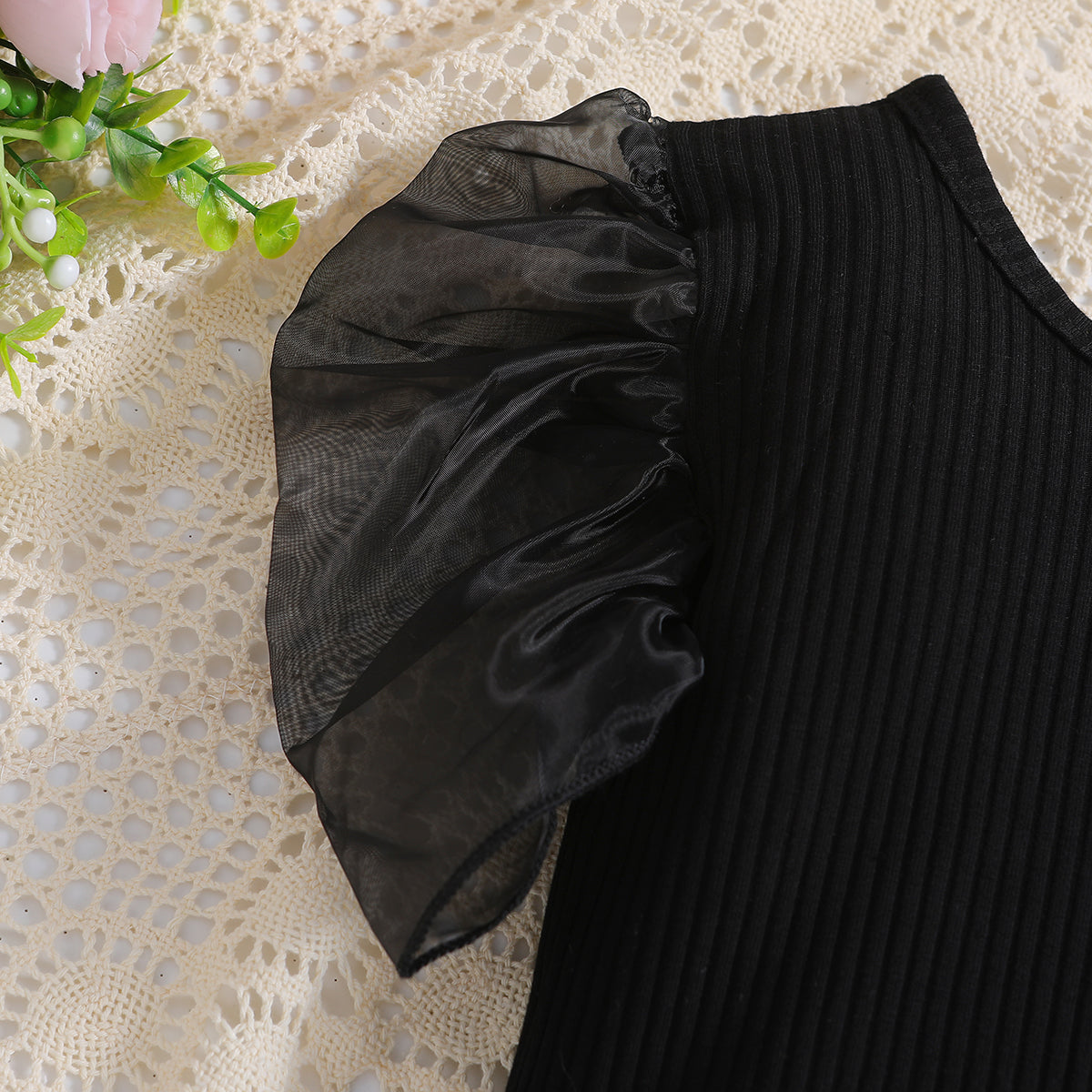 Girls Black Ribbed Puff Sleeve Top with Distressed Trousers