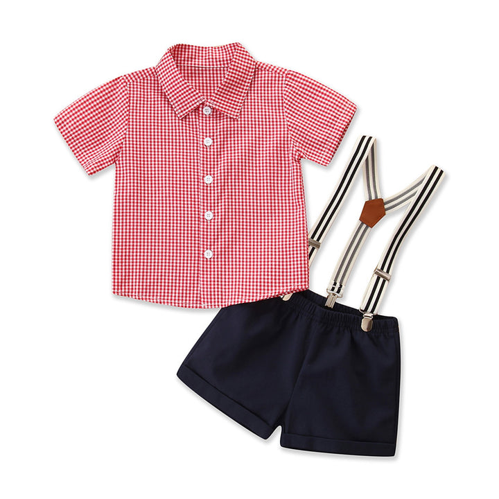 Boys Pink Checked Shirt With Short & Suspender