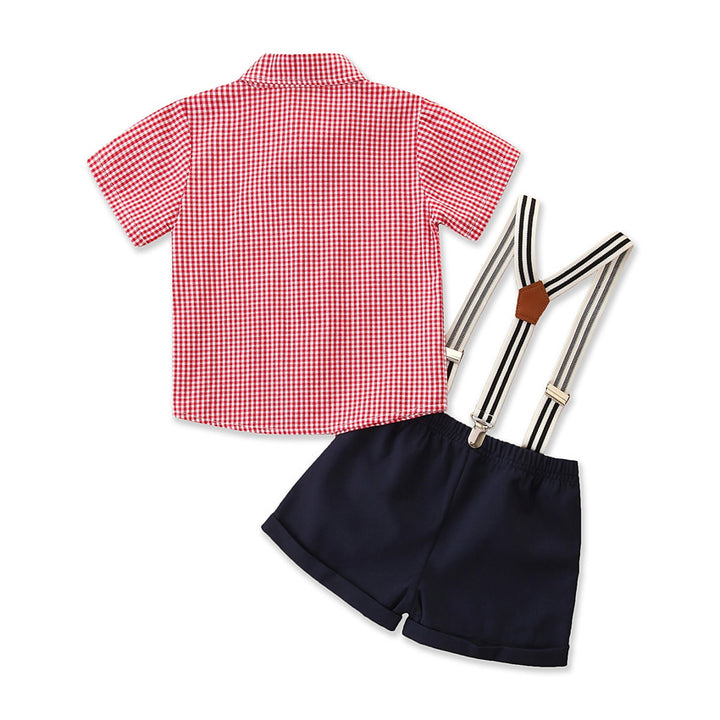 Boys Pink Checked Shirt With Short & Suspender