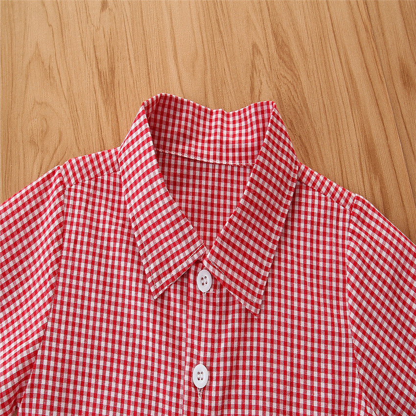 Boys Pink Checked Shirt With Short & Suspender