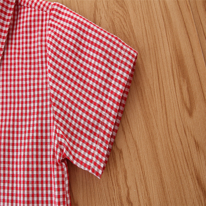 Boys Pink Checked Shirt With Short & Suspender