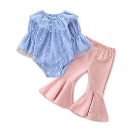 Girls Blue & Pink Self Design Top with Palazzos