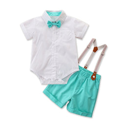 Infant Boys White Bodysuit Style Pure Cotton Shirt And Shorts With Suspenders