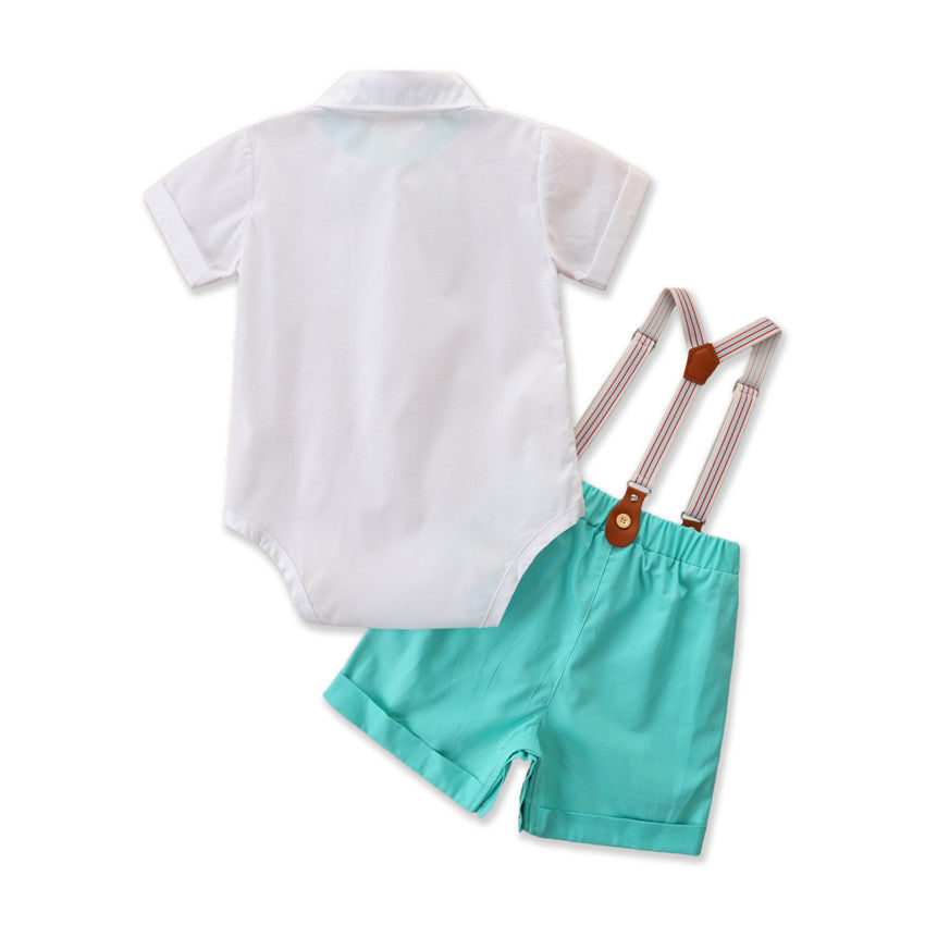 Infant Boys White Bodysuit Style Pure Cotton Shirt And Shorts With Suspenders